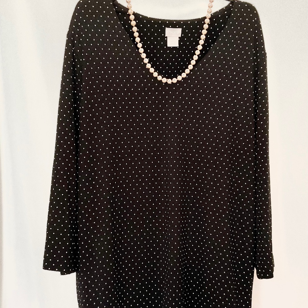 BLACK KNIT POLKA DOT TOP W/ 3/4 SLEEVES V NECKLINE SMOOTH COMFORT 3XL 14/16 NWOT